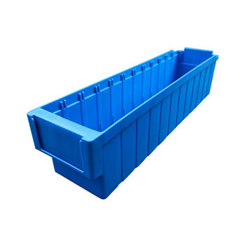 Plastic blue storage bin for parts